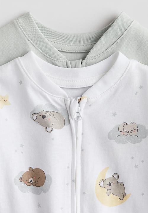 H&M - 2 Pack zip-up sleepsuits -  light dusty green/patterned