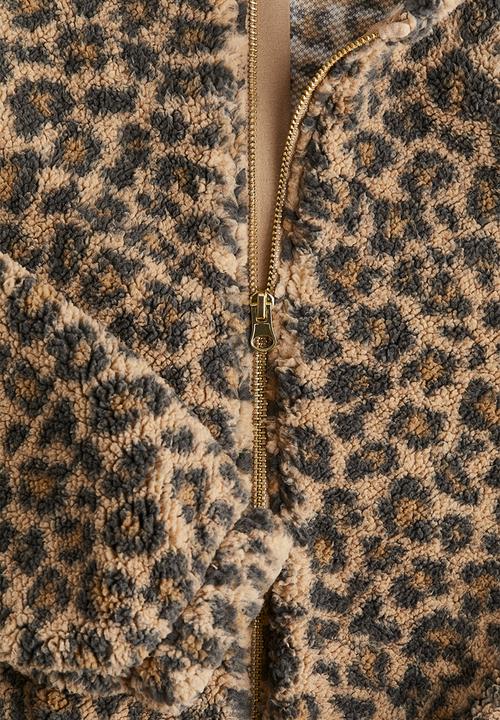 H&M - Teddy zip-through hoodie - beige/leopard-print