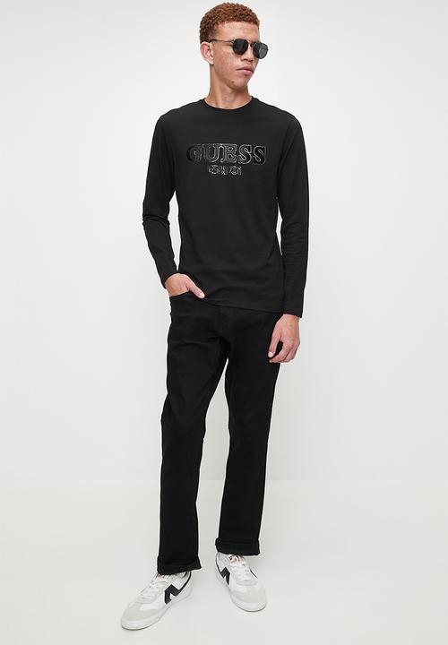 GUESS - Long sleeve cn sprayed flock logo tee - jet black a996