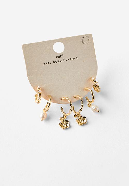 Rubi - 3 Pack mid earring - gold plated hibiscus pearl