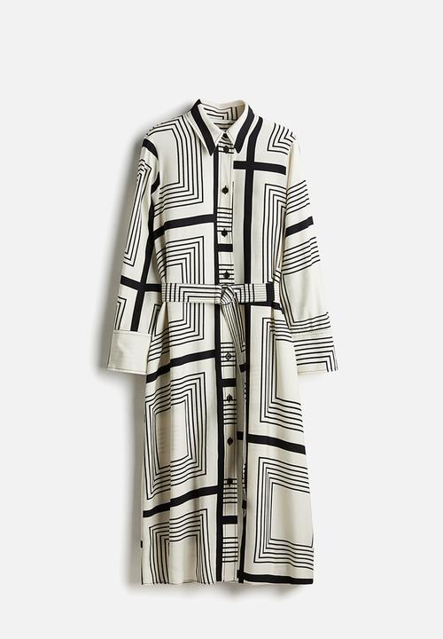 H&M - Belted shirt dress - cream black patterned