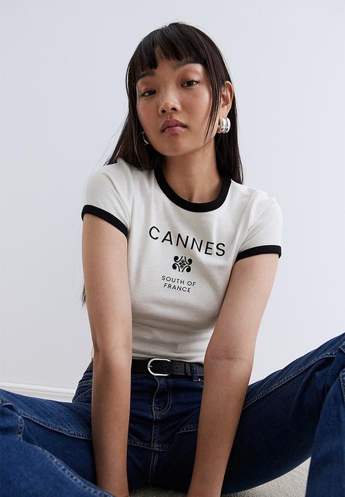 H&M - Ribbed T-shirt - cream cannes