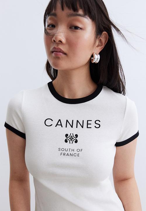H&M - Ribbed T-shirt - cream cannes