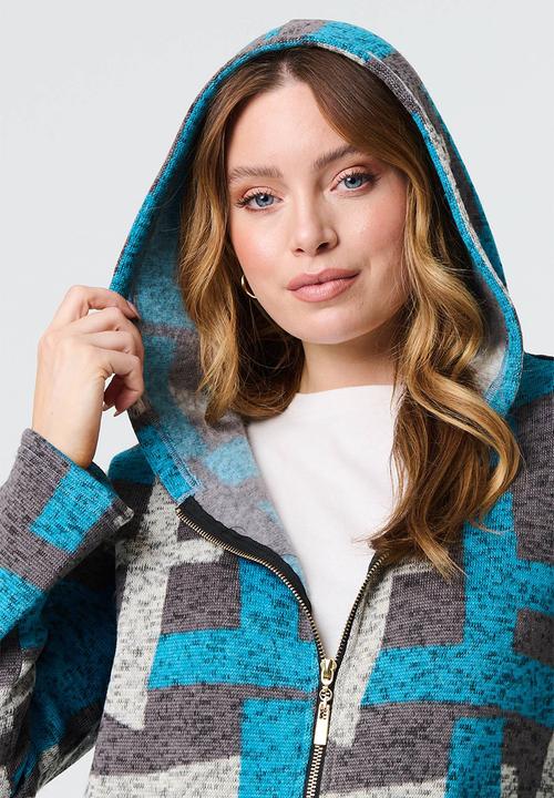Stella Morgan - Printed Front Zip Knit Hooded Coat - Grey & Blue