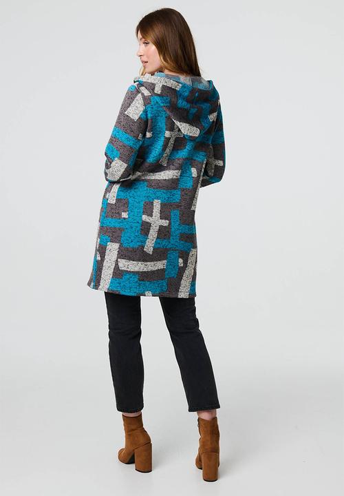Stella Morgan - Printed Front Zip Knit Hooded Coat - Grey & Blue