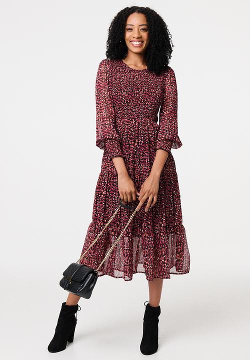 Stella Morgan - Ditsy Floral Tiered Puff Sleeve Midi Dress - Rust