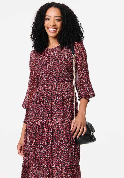 Stella Morgan - Ditsy Floral Tiered Puff Sleeve Midi Dress - Rust