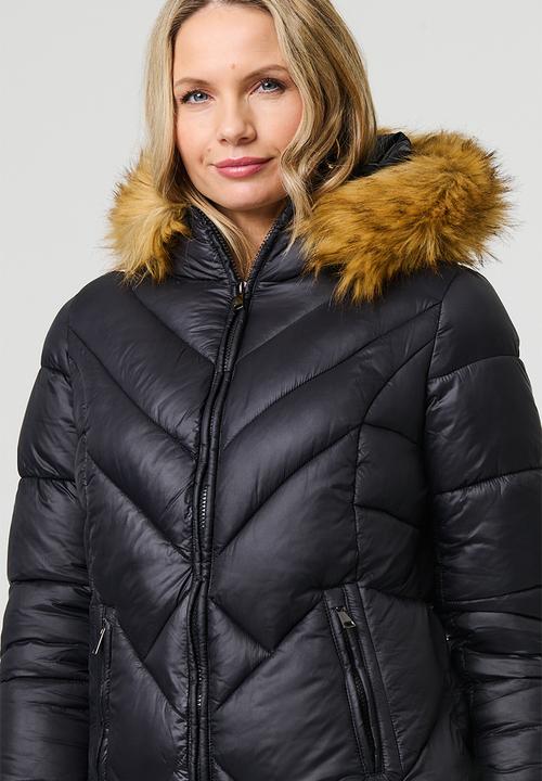 Stella Morgan - Chevron puffer jacket with faux fur hood - black