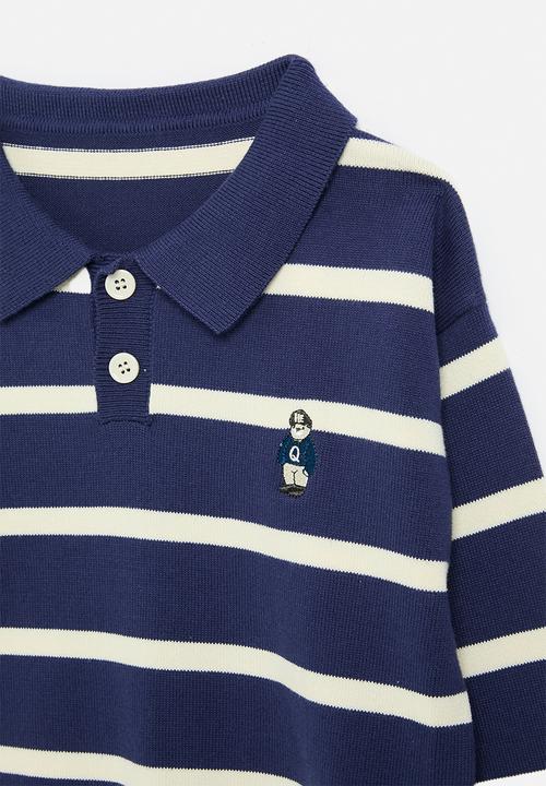 Pop Candy - Striped collared jersey - navy blue & ecru