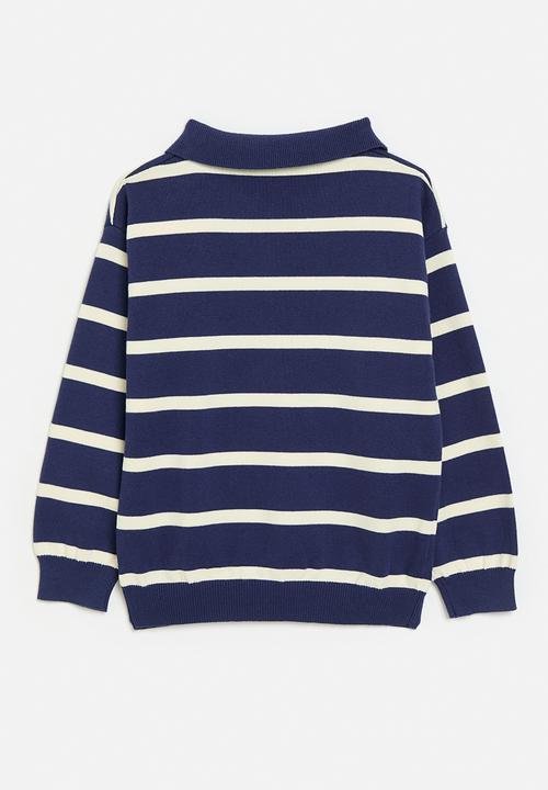 Pop Candy - Striped collared jersey - navy blue & ecru