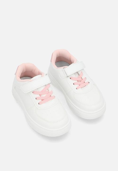 Pop Candy - Adjustable strap fastener & lace sneakers-white & pink