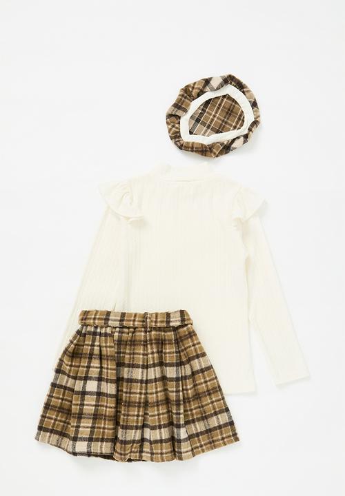 Pop Candy - Frilled sleeve combo dress-ecru & brown