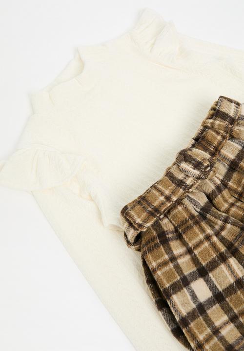 Pop Candy - Frilled sleeve combo dress-ecru & brown