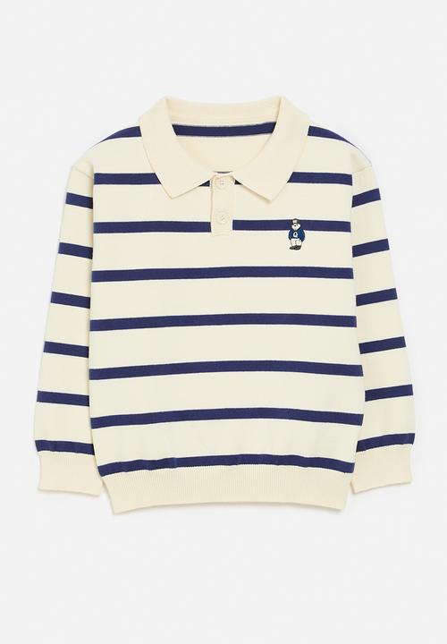 Pop Candy - Striped collared jersey - ecru & blue