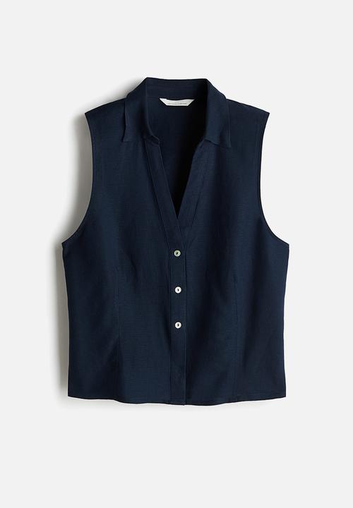 H&M - Sleeveless linen-blend shirt - navy blue