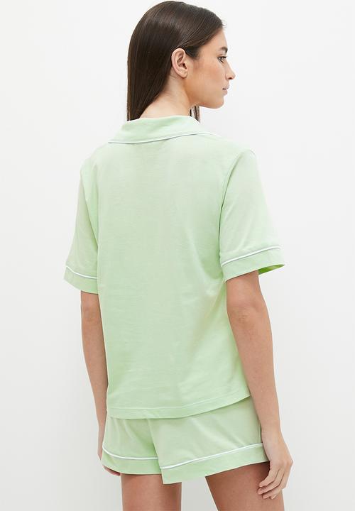 Blake - Knit button down sleep set - sage/white pipping