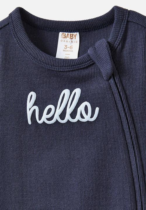 Cotton On - The short sleeve zip romper - navy ink/hello script