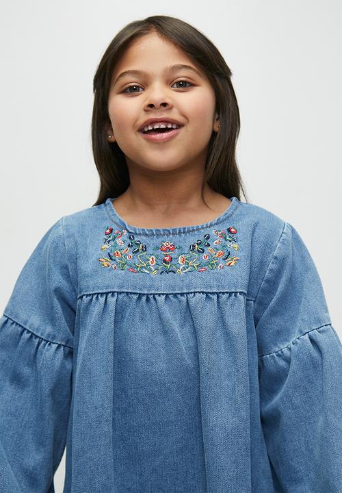 Pop Candy - Floral applique denim dress-blue