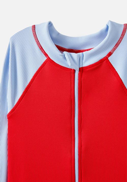 Cotton On - Felix Long Sleeve All In One - Varsity Red/Dawn Blue Splice