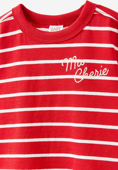 Cotton On - Bobbi short sleeve graphic tee - varsity red vanilla stripe/ma cherie