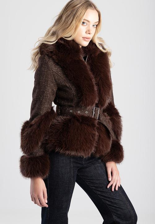 SISSY BOY - Belted Jacket With Faux Fur Details - brown