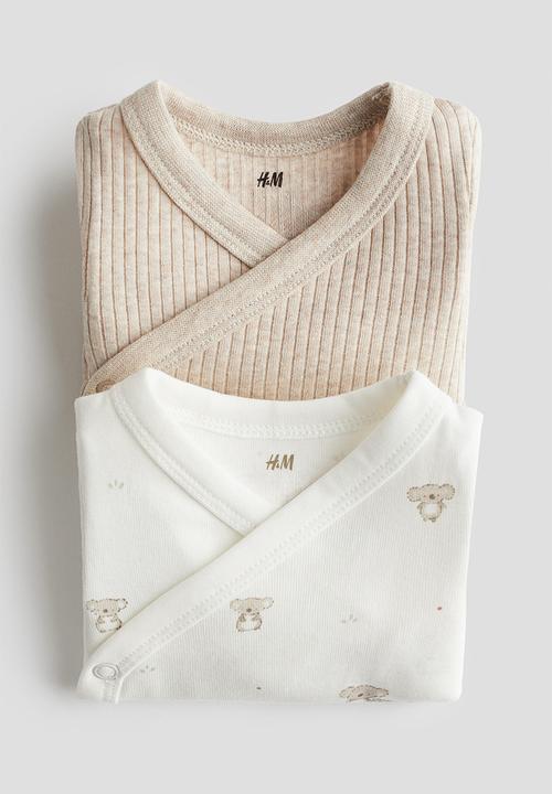 H&M - 2-pack cotton wrapover bodysuits -  beige/koalas