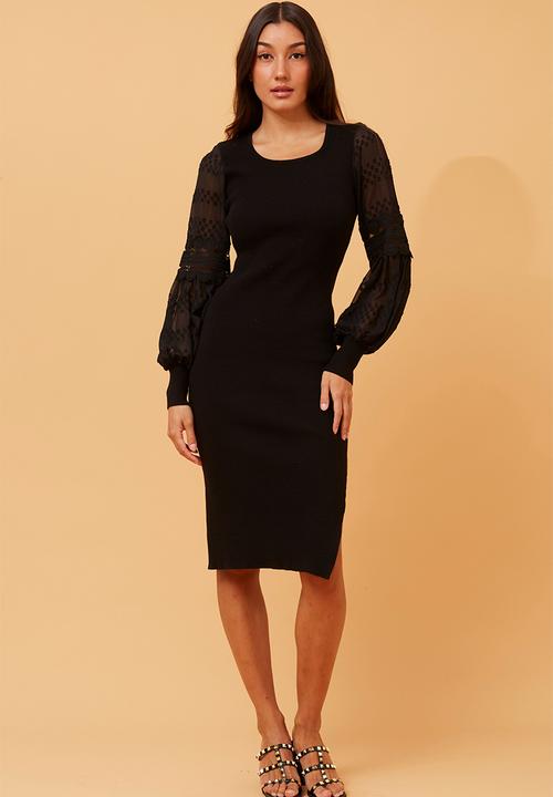 Stella Morgan - Crochet Chiffon bubble sleeve knitted Dress - Black