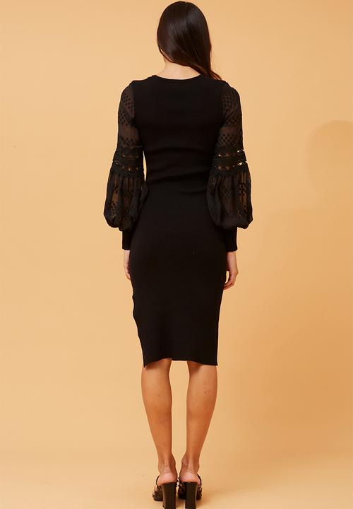 Stella Morgan - Crochet Chiffon bubble sleeve knitted Dress - Black
