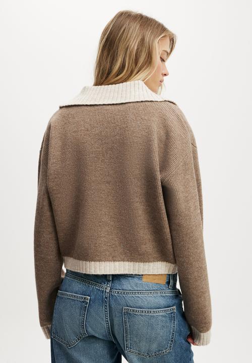 Cotton On - Luxe zip collar knit bomber-mushroom brown