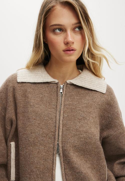 Cotton On - Luxe zip collar knit bomber-mushroom brown