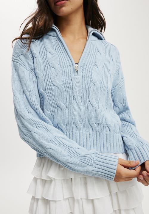 Cotton On - Cotton cable half zip pullover - serene blue