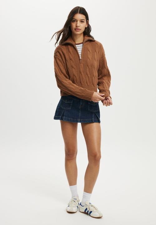 Cotton On - Cotton cable half zip pullover - walnut