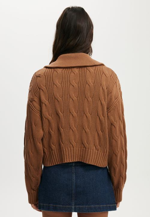 Cotton On - Cotton cable half zip pullover - walnut