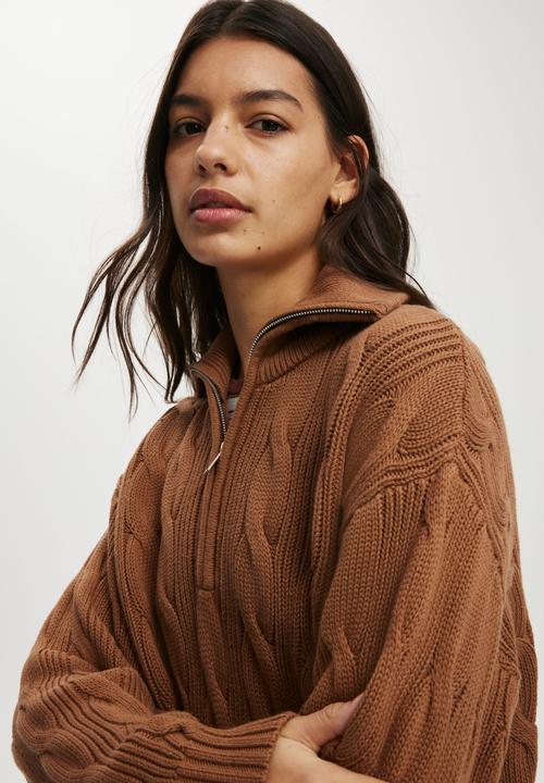 Cotton On - Cotton cable half zip pullover - walnut