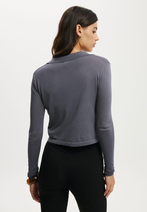 Cotton On - Fine knit polo long sleeve - slate grey