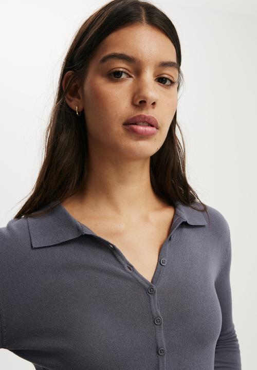 Cotton On - Fine knit polo long sleeve - slate grey