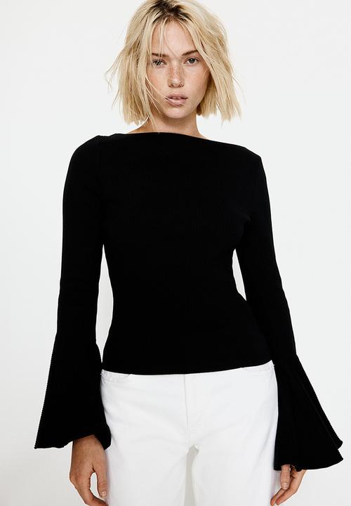Trumpet-sleeved ribbed top - black - 1275200001