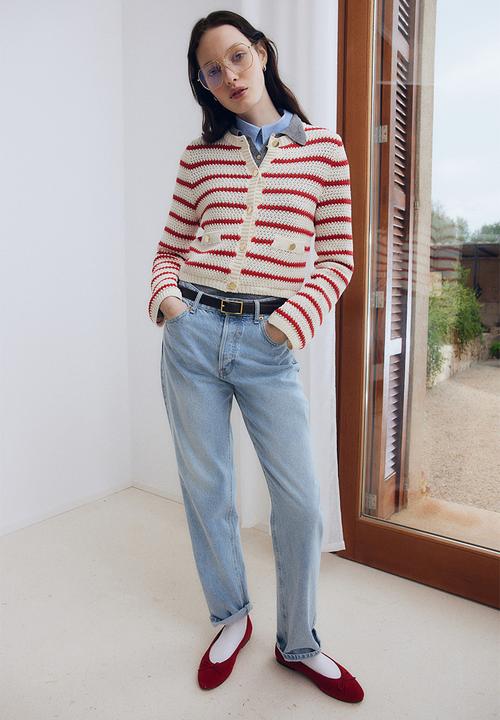 H&M - Textured-knit cardigan - white & red striped