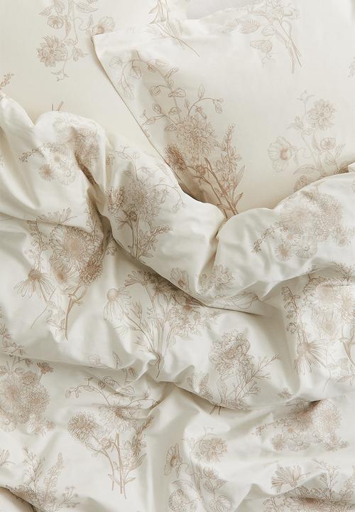 H&M - Cotton sateen double duvet cover set - light beige floral