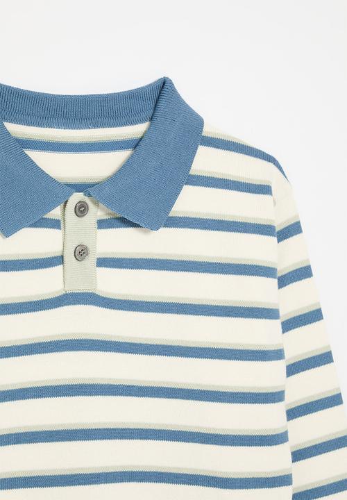 Pop Candy - Striped collared jersey - light blue & ecru