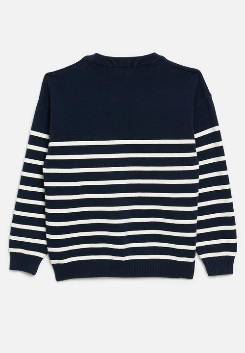 Pop Candy - Striped crew neck jersey-navy & white