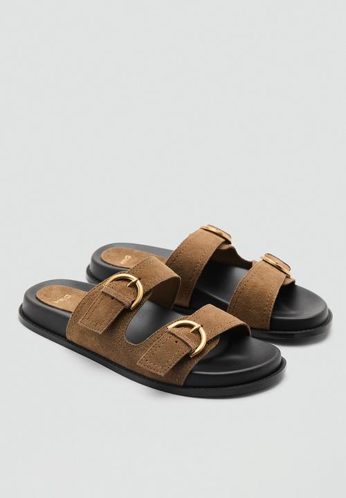 MANGO - Petra1 leather slide - beige/khaki