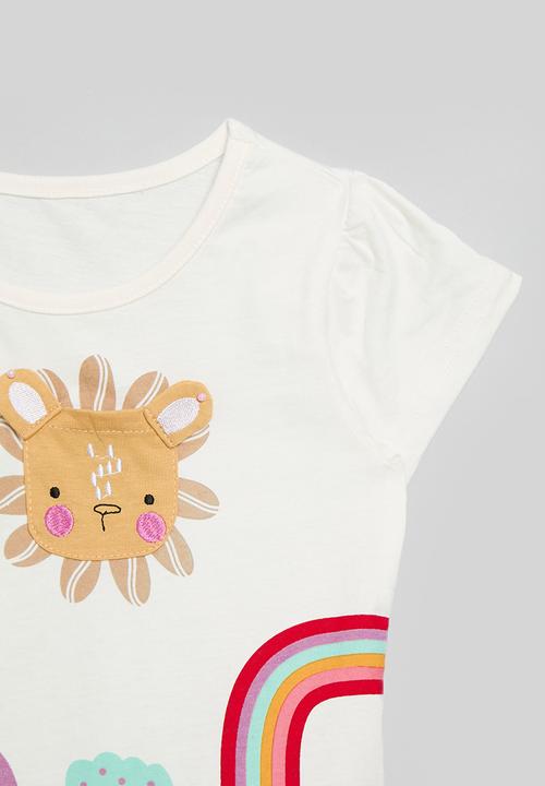 Pop Candy - Frilled hem graphic print tee - cream/multi