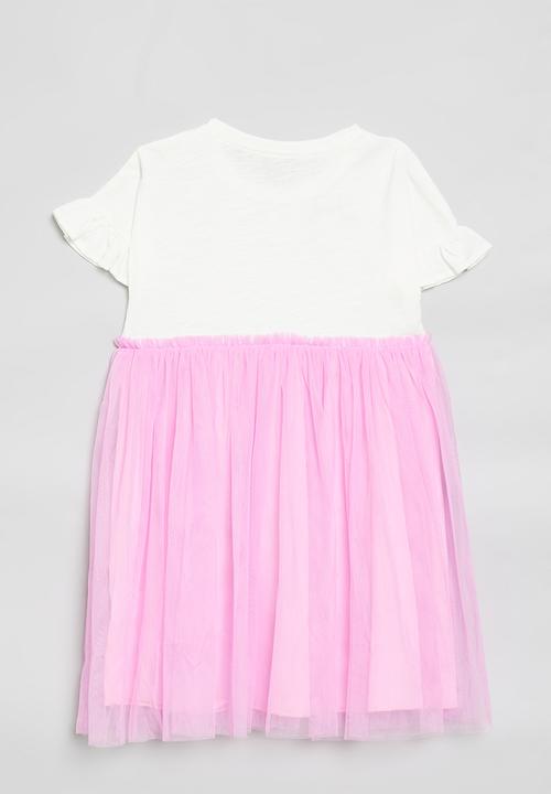 Pop Candy - Graphic print dress with mesh overlay skirt - white/pink