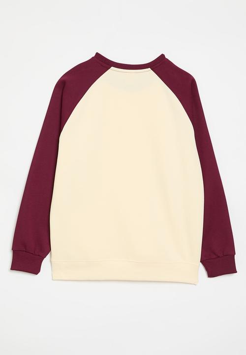Pop Candy - Reglan sleeve crew neck tee - maroon  & ecru