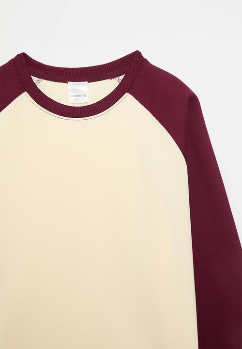 Pop Candy - Reglan sleeve crew neck tee - maroon  & ecru