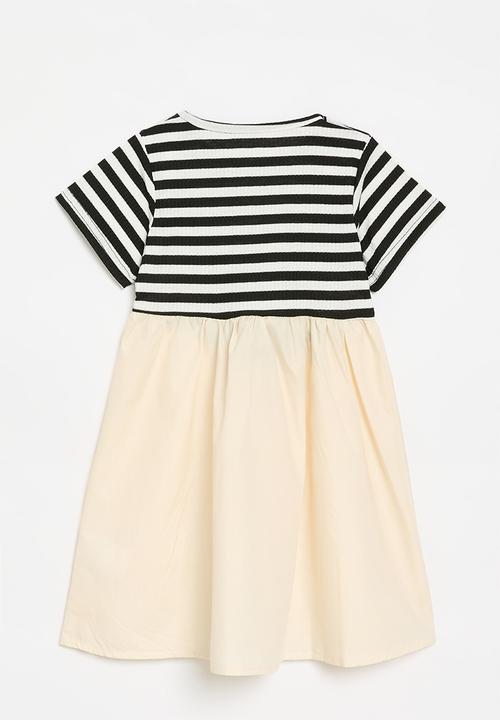 Pop Candy - Basque waistline dress with gathered skirt - black stripes/ecru