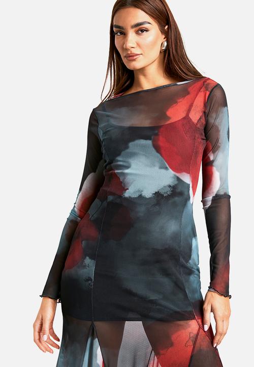 boohoo - Slash neck floral mesh print godet hem midaxi dress - Multi