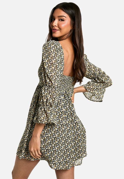 boohoo - Floral gathered puff sleeve smock dress - multi