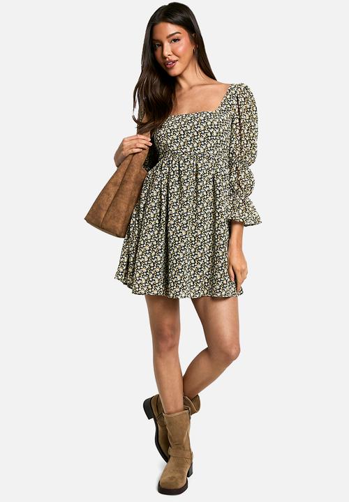 boohoo - Floral gathered puff sleeve smock dress - multi